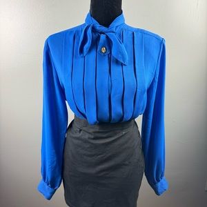 Laura & Jayne Vintage Colbalt Blue Bow Secretary Pleated Blouse - Size 8
